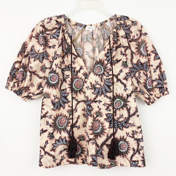 A.L.C. Elly Tie-Front Printed Top Size 2 Cotton Short Puff Sleeve Tassels Boho - Picture 2 of 11